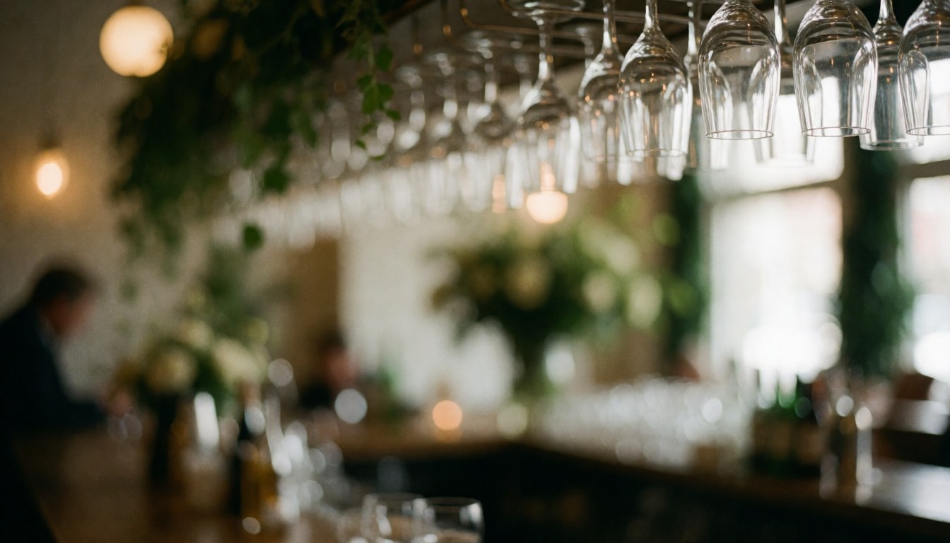 Bar background featuring hanging glassware, green plants, and warm lighting, creating a relaxed and inviting atmosphere ideal for events and weddings.