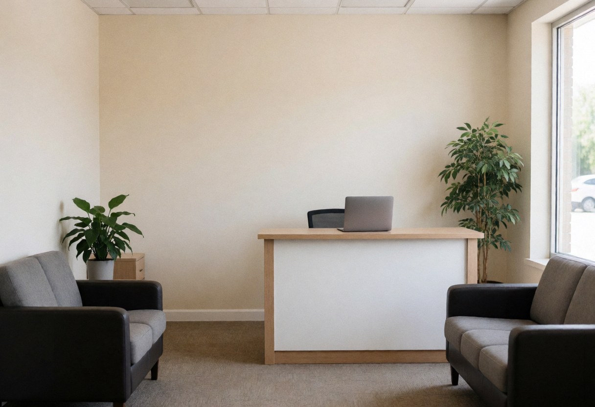 Modern real estate office featuring a reception desk, computer, waiting chairs, plants, beige walls, and wooden flooring.