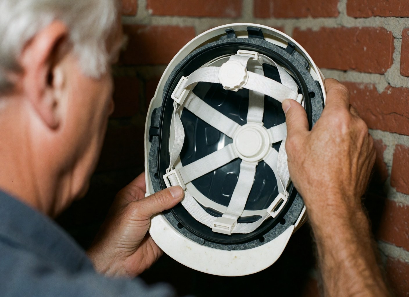 Close-up view of hands adjusting the suspension system inside a white safety helmet against a red brick wall background.