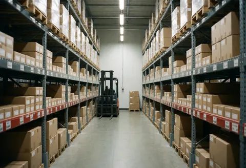 Empty distribution warehouse with tall metal shelves full of cardboard boxes, a forklift in the background, and fluorescent lighting, ideal for logistics and storage.