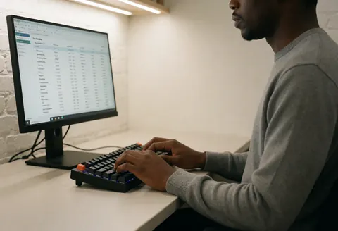 HR professional working on a computer with a mechanical keyboard against a white brick wall in a minimalist office setting