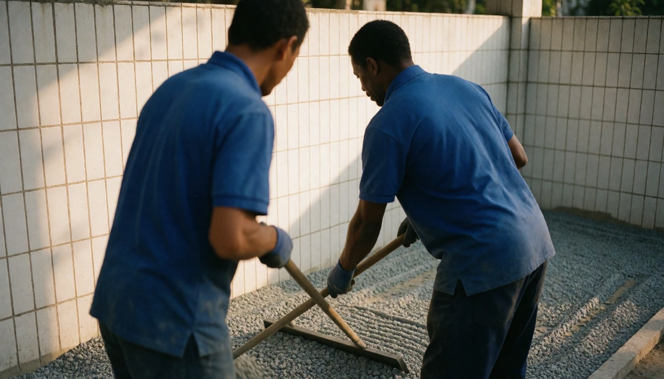 Two landscapers in blue shirts and gloves leveling gravel with rakes in a patio with a white tiled wall under sunset light