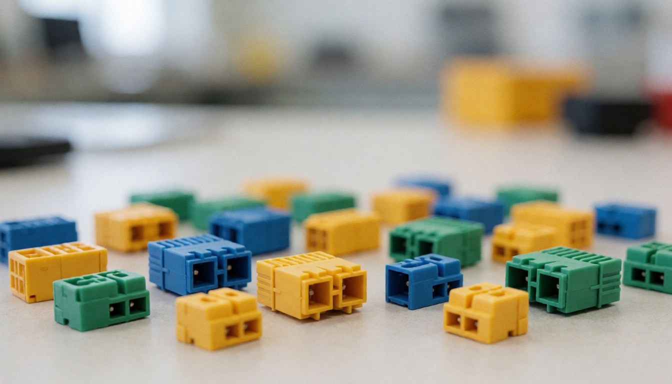 Soft-colored Wago electrical connectors arranged on a professional background, ideal for text overlay in electrical work contexts.