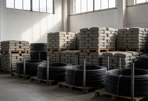 Interior of a hardware store featuring stacked cement bags and black pipes on pallets, illuminated by natural light from high windows against white walls.