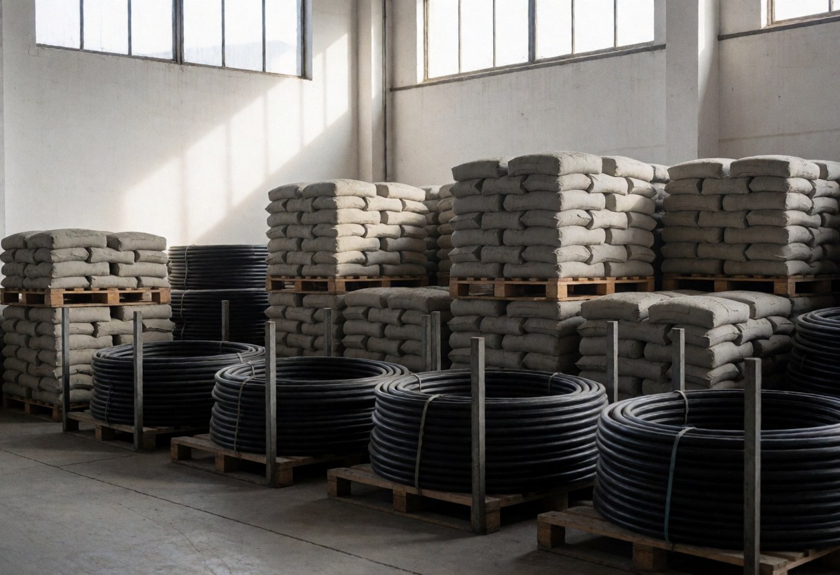 Interior of a hardware store featuring stacked cement bags and black pipes on pallets, illuminated by natural light from high windows against white walls.