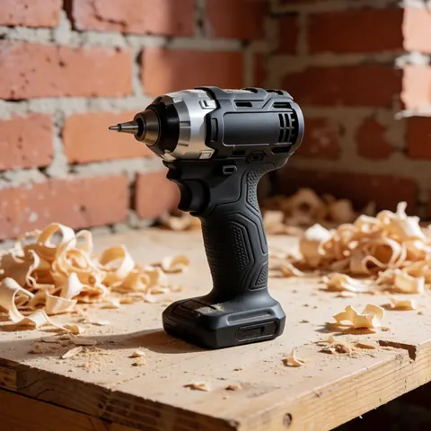 Close-up of a black and gray heat resistant impact drill resting on a wooden workbench with wood shavings and a brick in the background under bright sunlight