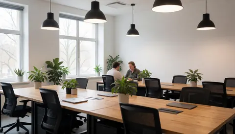 Bright coworking interior featuring wooden desks, black chairs, green plants, and large windows. Two people work at a table under natural and artificial light.