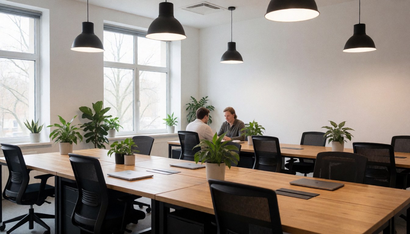 Bright coworking interior featuring wooden desks, black chairs, green plants, and large windows. Two people work at a table under natural and artificial light.
