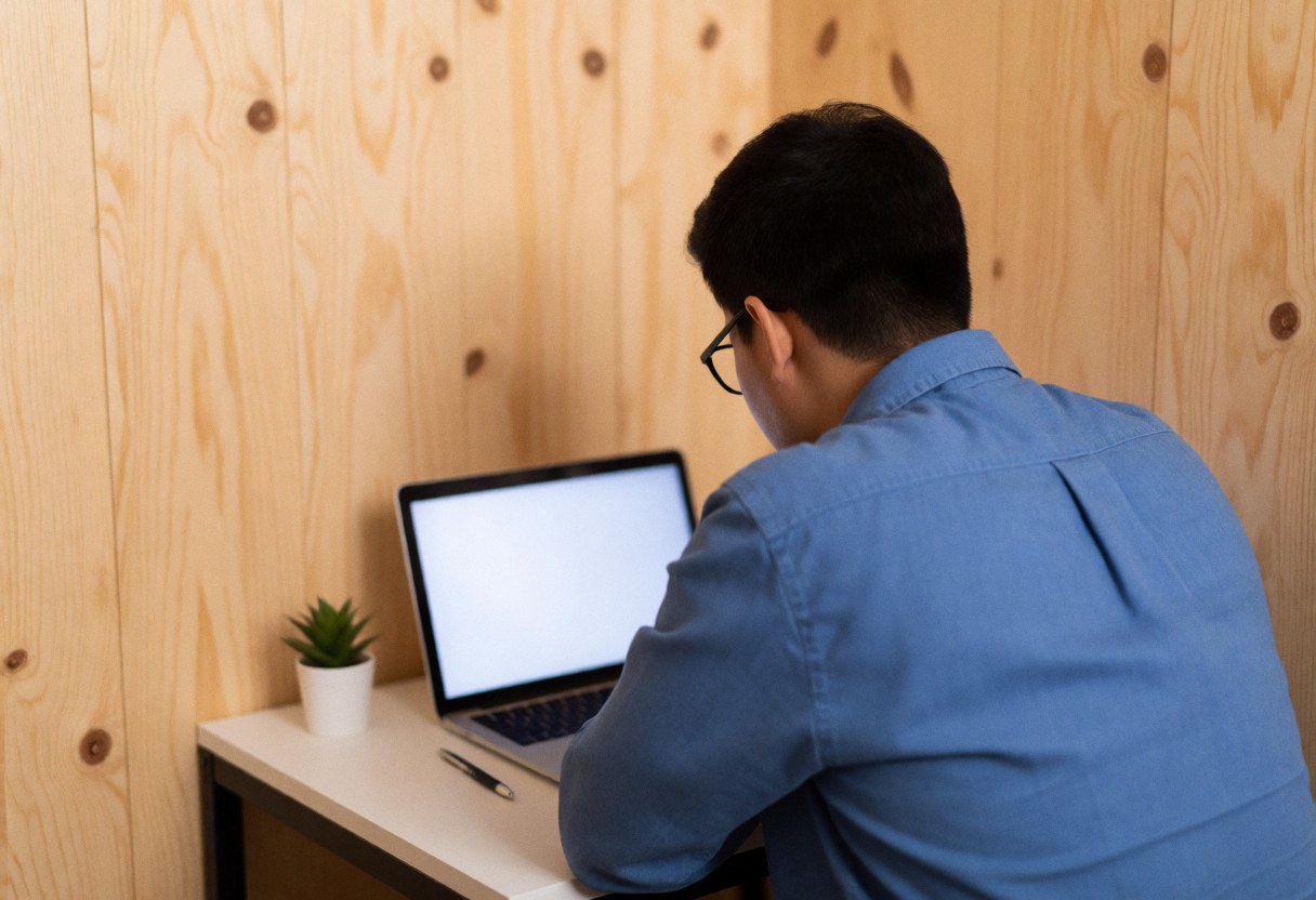 A person focused on a laptop screen at a wooden desk in a home office setting, participating in an online educational session.