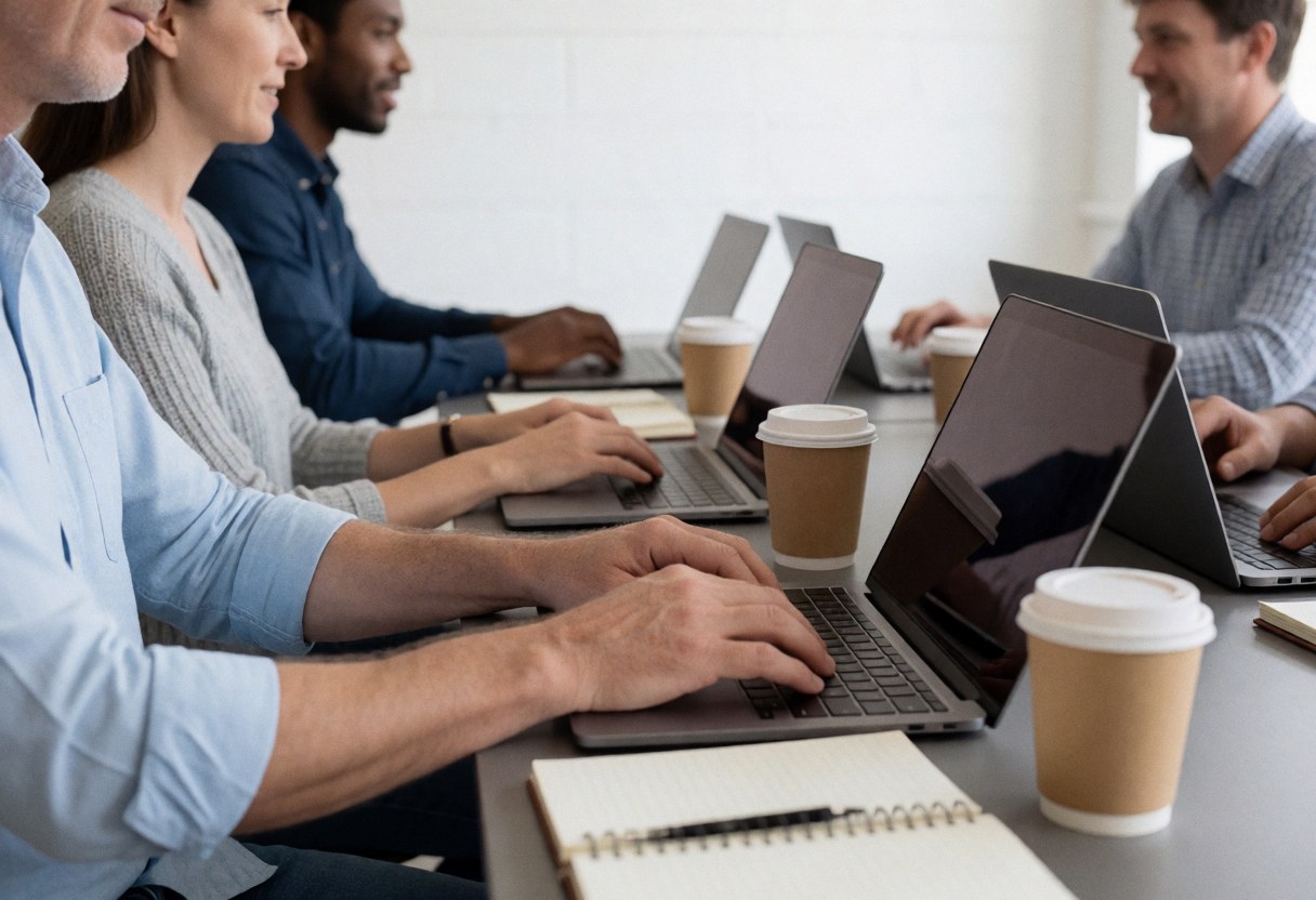 A group of freelancers working on laptops in a professional coworking environment with coffee and notebooks under natural light