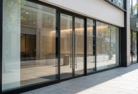 Modern coworking entrance featuring large glass windows, street reflections, warm lighting, and a professional urban atmosphere.
