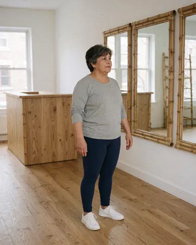 A middle-aged woman in athletic wear stands attentively in a minimalist yoga studio with bamboo mirrors and wooden floors.