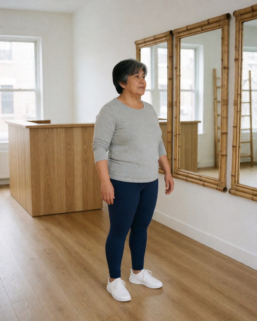 A middle-aged woman in athletic wear stands attentively in a minimalist yoga studio with bamboo mirrors and wooden floors.