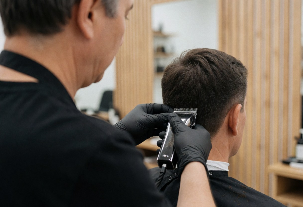 Barber wearing black gloves cutting hair with electric clippers in a wood-paneled shop