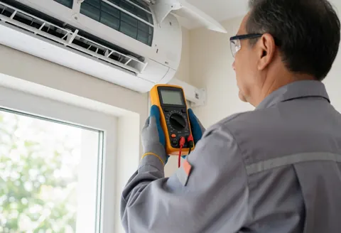 HVAC technician in gray uniform and safety glasses uses a multimeter to service an air conditioning unit near a window with natural light.