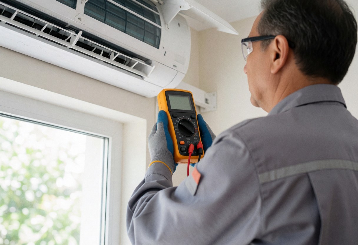 HVAC technician in gray uniform and safety glasses uses a multimeter to service an air conditioning unit near a window with natural light.