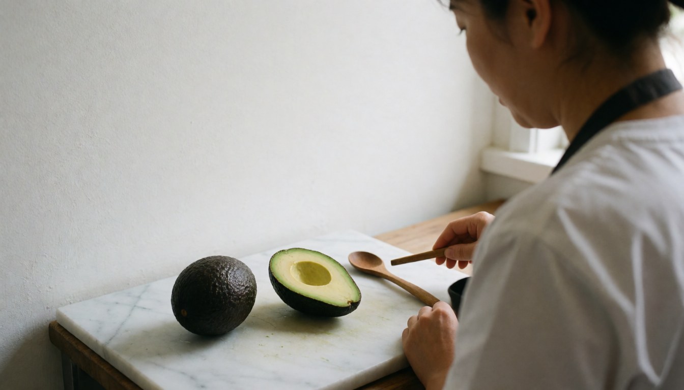 A chef prepares a fresh avocado on a white marble table with a wooden spoon and soft natural light