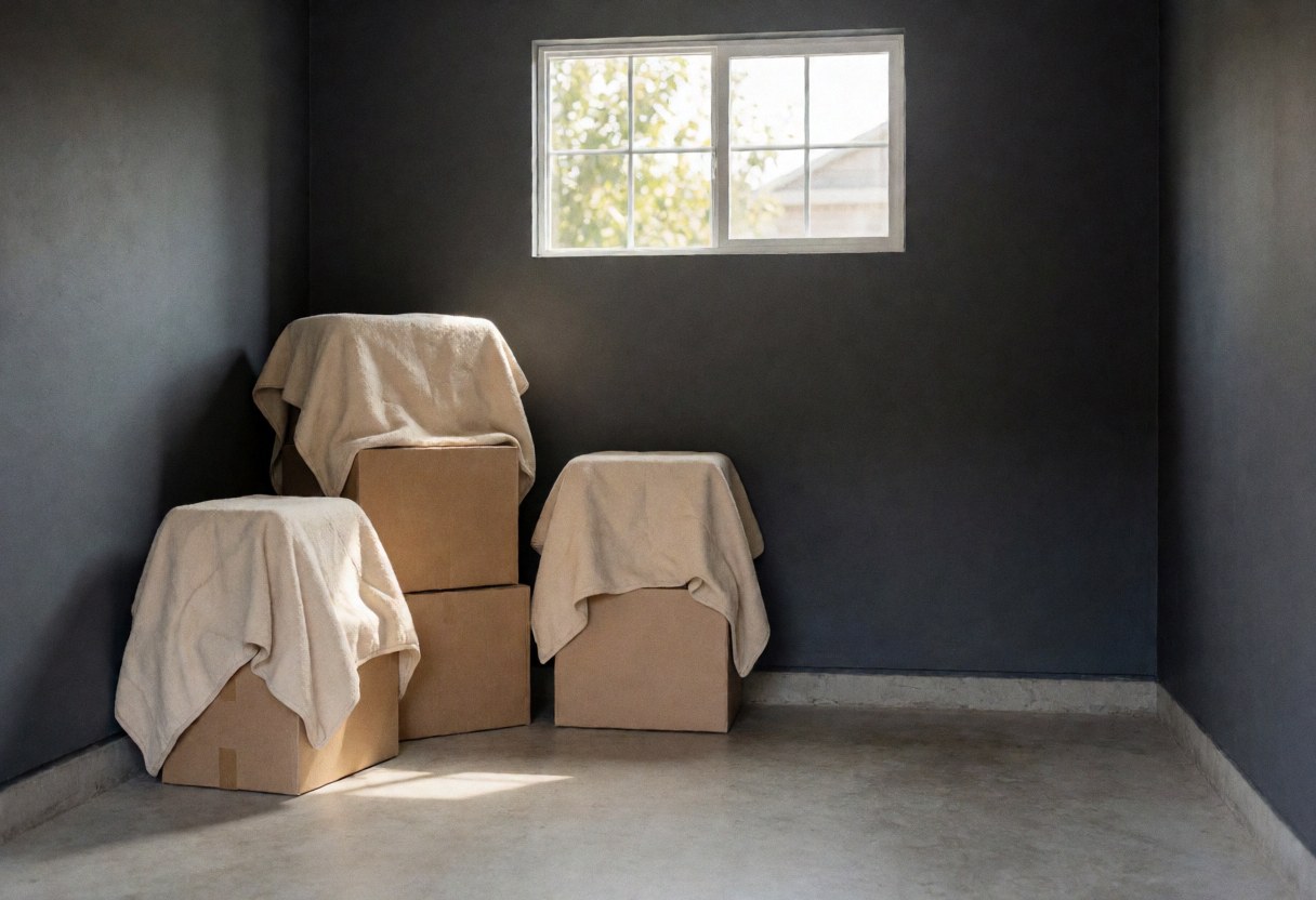 Moving boxes covered with blankets in a clean, empty garage with natural light from a window, ready for opening or renting.
