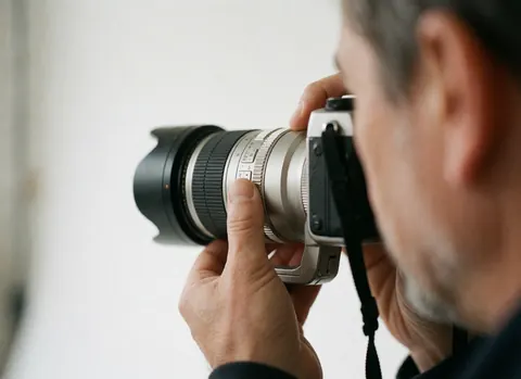 Close-up view of a photographer's hands carefully adjusting the focus ring on a camera lens while working in a professional photo studio environment