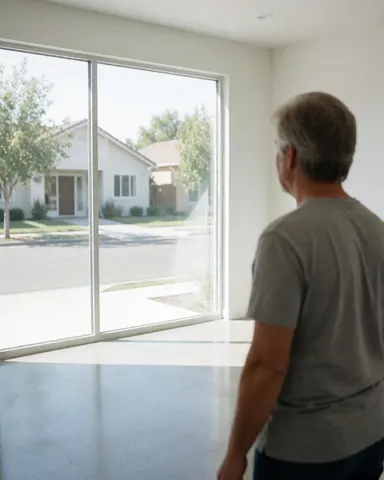A middle-aged man stands inside a bright, empty house with polished concrete floors, looking out through a large window at a quiet street and neighboring homes.