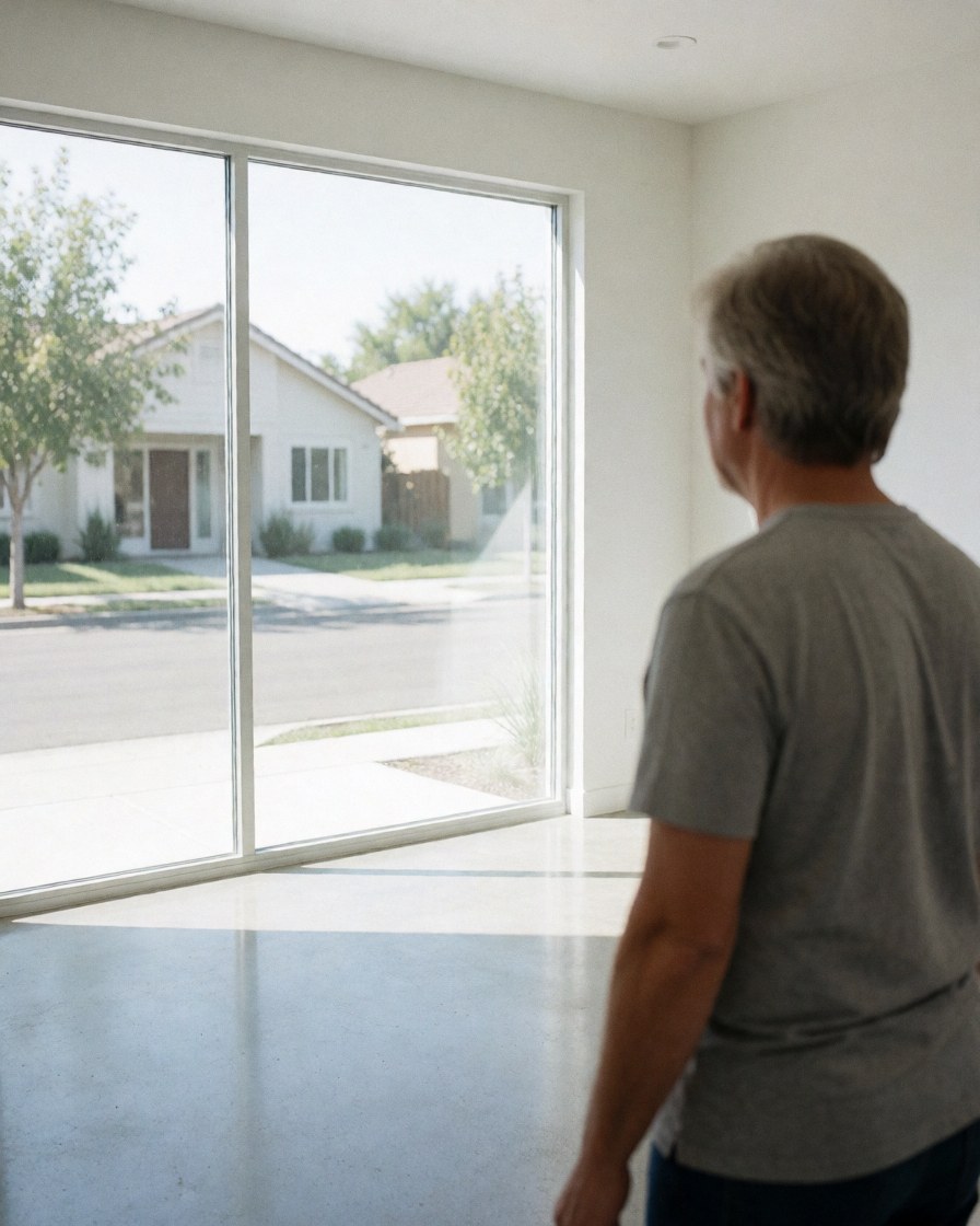 A middle-aged man stands inside a bright, empty house with polished concrete floors, looking out through a large window at a quiet street and neighboring homes.