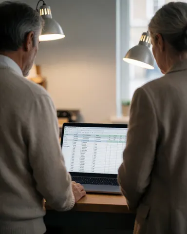 Two consulting professionals review a spreadsheet on a laptop at a wooden desk in a modern office with warm lighting