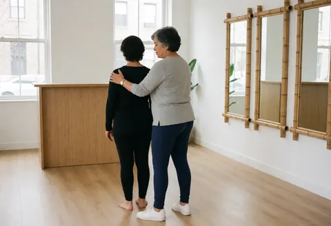 A yoga instructor provides close guidance to a client during a session in a well-lit studio with mirrors and wooden floors