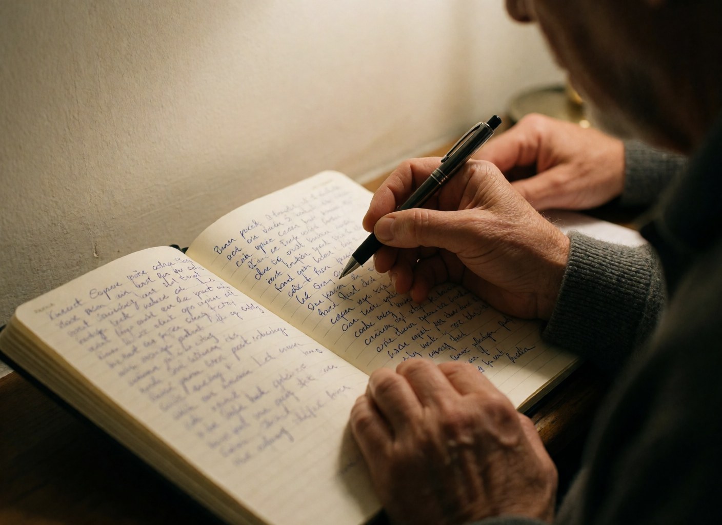 Close-up of hands writing in a notebook with a pen on textured paper, warm lighting, white wall, preparation for a course