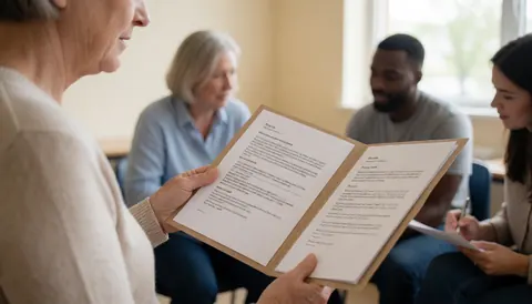 Close-up of an older adult's hands holding and reading a colorful language school brochure, focusing on the text and images within the document.