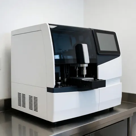An automatic clinical analysis machine sits on a stainless steel surface in a modern laboratory with white walls and neutral lighting, highlighting its clean design and precise technology.