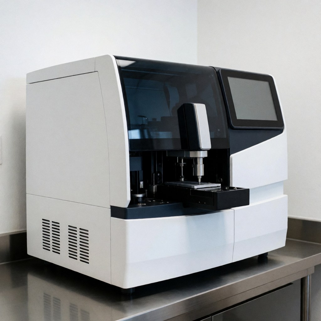 An automatic clinical analysis machine sits on a stainless steel surface in a modern laboratory with white walls and neutral lighting, highlighting its clean design and precise technology.