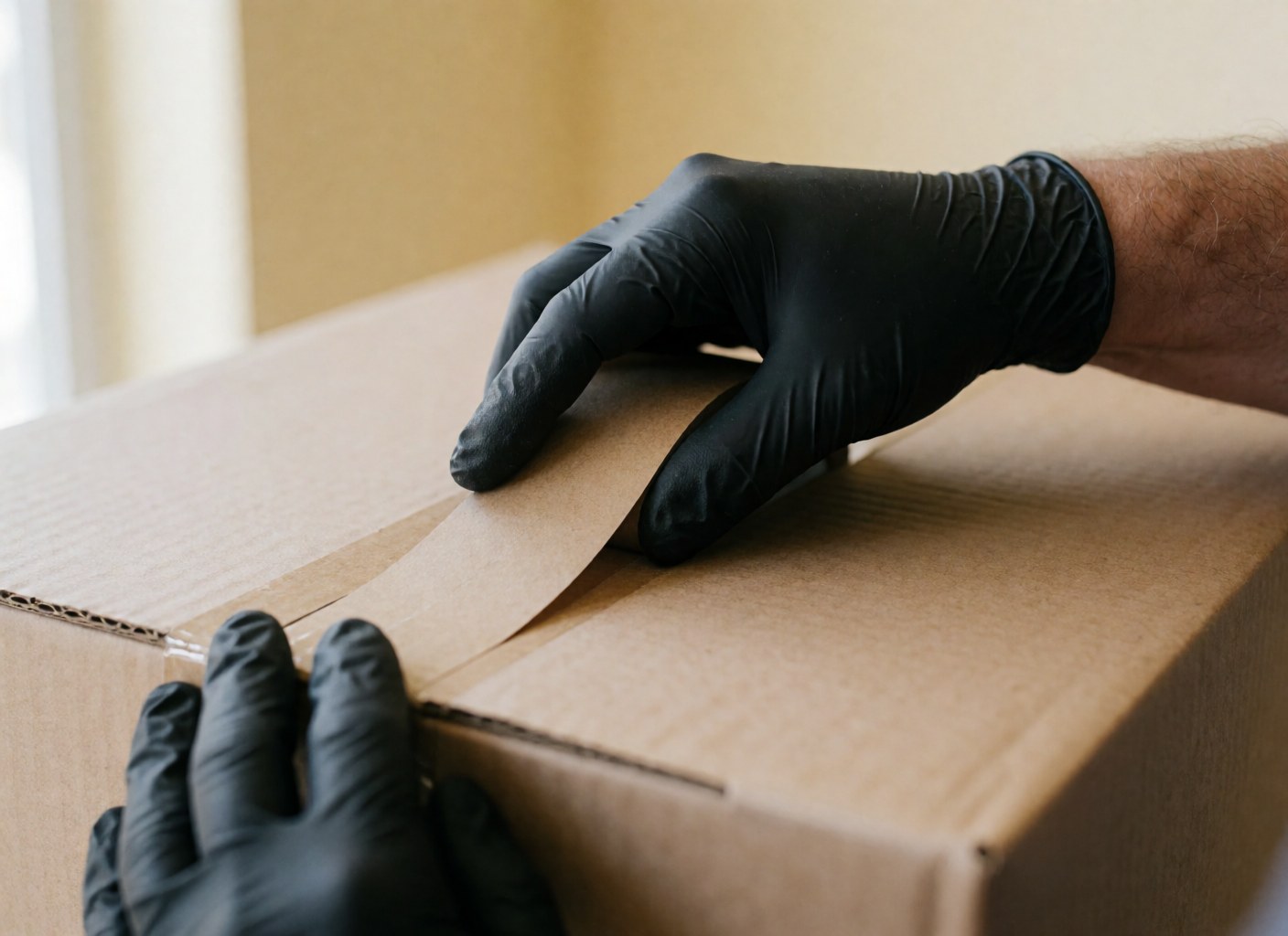 Close-up of a gloved hand applying packing tape to a cardboard box for moving, showing visible texture on a beige background