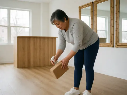 A woman in casual athletic wear uses a spray bottle to sanitize mirrors and yoga mats in a bright, minimalist studio with bamboo accents and wooden floors.
