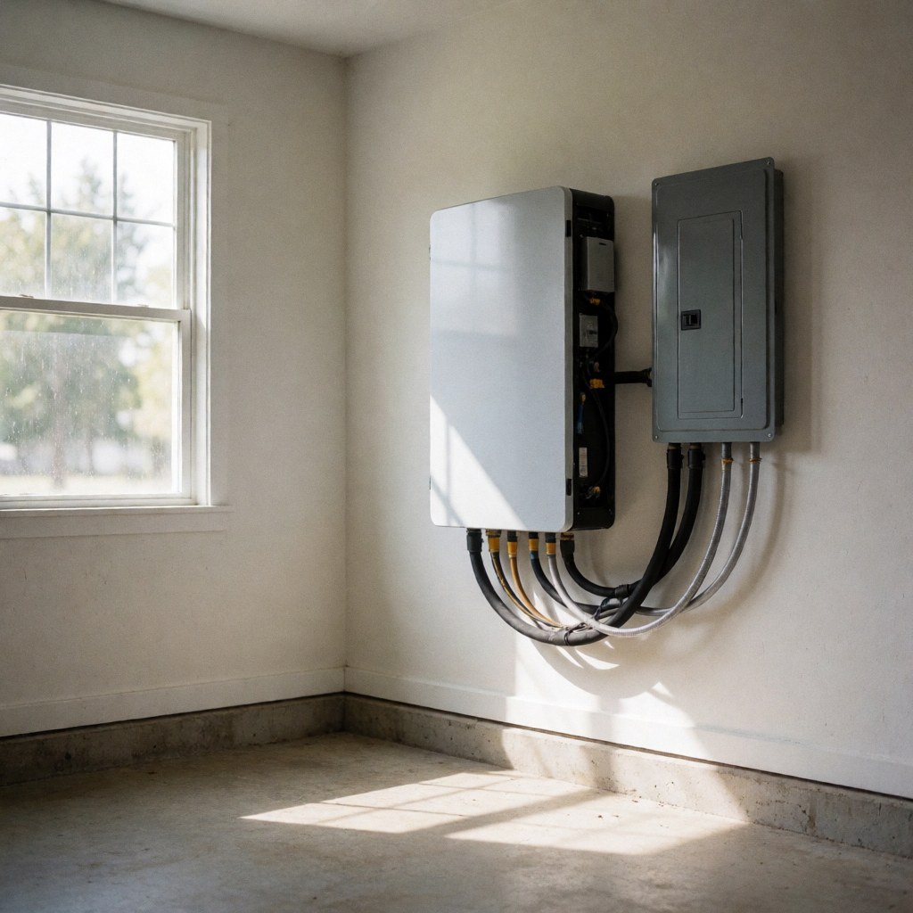 A large solar backup battery unit installed on a garage wall with visible wiring, natural light from a window, and concrete surroundings.