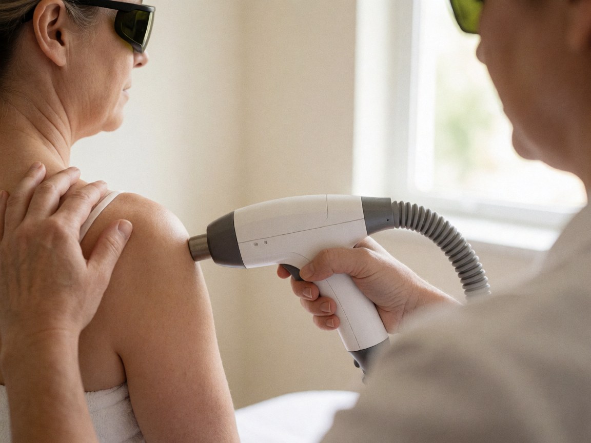 Technician applies laser therapy to a client's shoulder while wearing protective eyewear in a bright, white-walled beauty salon.