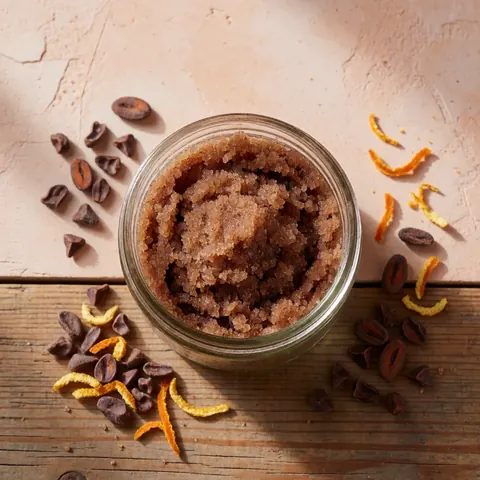 A glass jar filled with natural cocoa scrub surrounded by cocoa nibs and orange peels on a wooden table against a white plaster wall