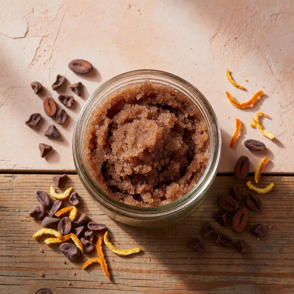 A glass jar filled with natural cocoa scrub surrounded by cocoa nibs and orange peels on a wooden table against a white plaster wall