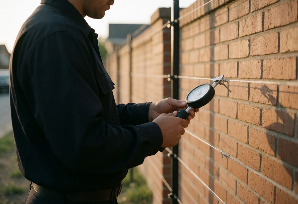 A security technician checks the voltage of an electric fence near a brick wall during sunset using a measuring tool.