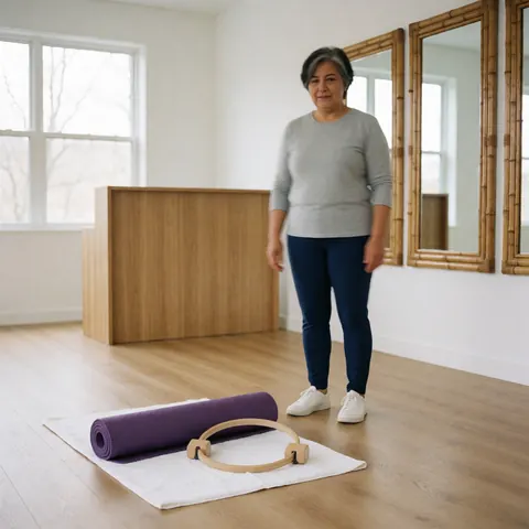 Clean yoga mats and pilates rings arranged on a wooden floor in a bright studio with mirrors and natural light