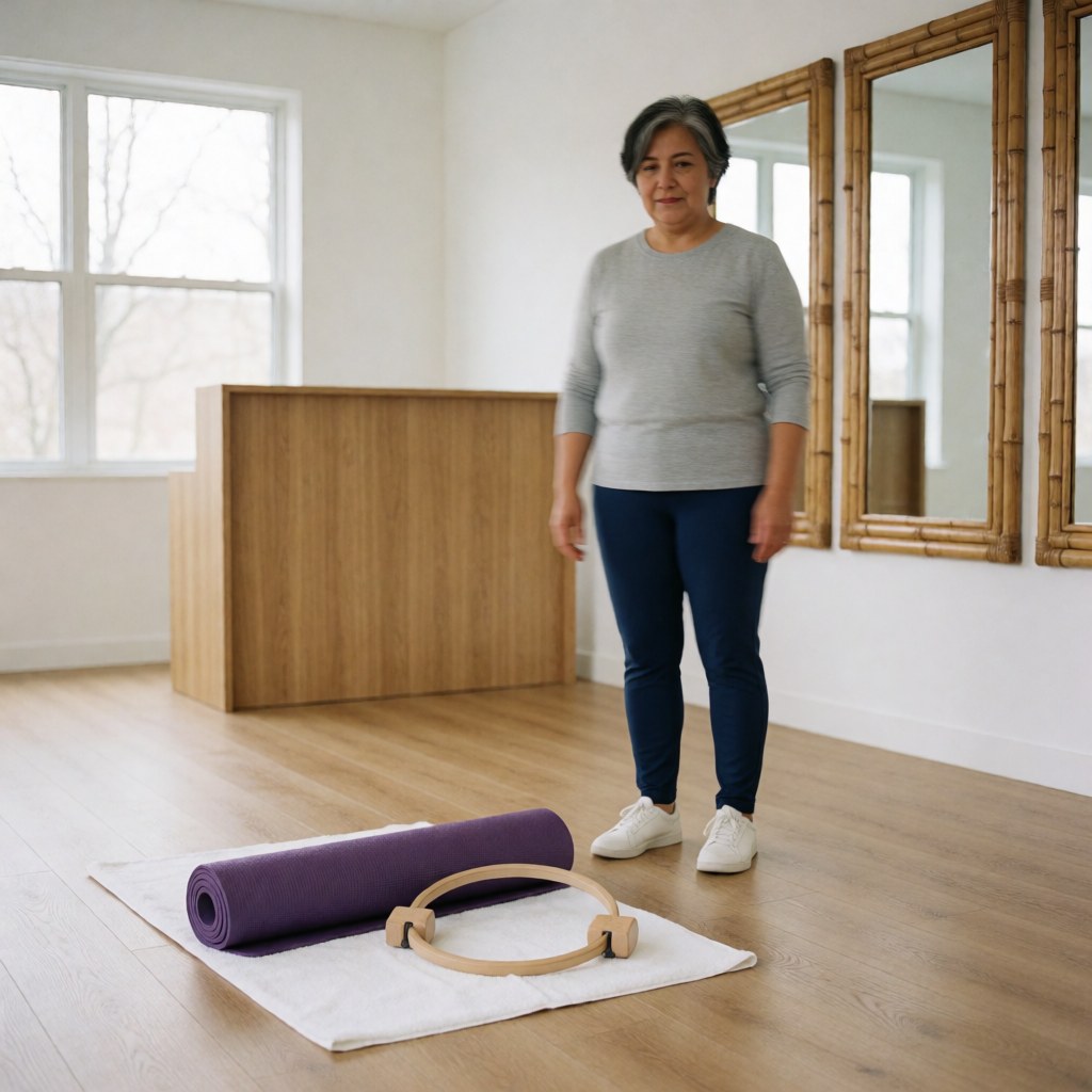Clean yoga mats and pilates rings arranged on a wooden floor in a bright studio with mirrors and natural light