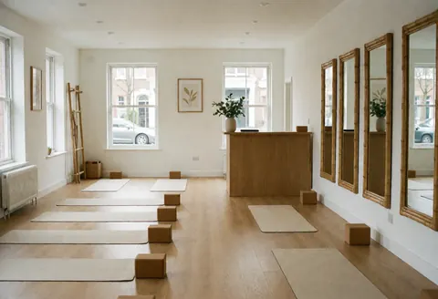 A clean and minimalist yoga studio interior featuring bamboo mats, wooden blocks, large mirrors, and natural light from windows, ready for classes.