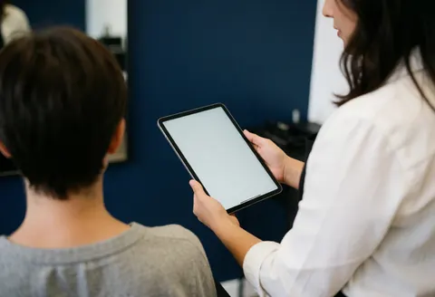 A stylist holds a tablet to show options to a seated client in a modern salon with a blue wall.