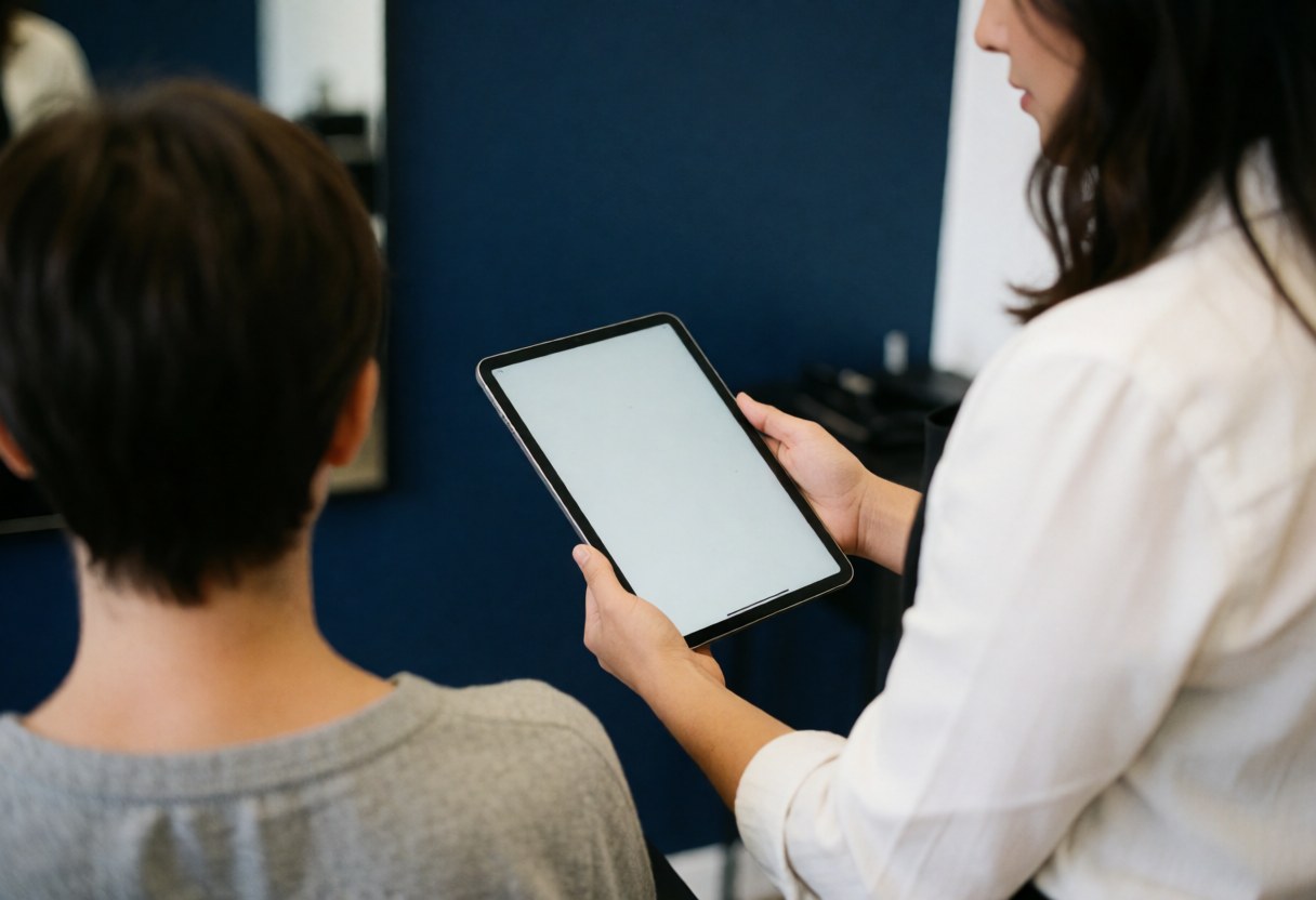 A stylist holds a tablet to show options to a seated client in a modern salon with a blue wall.