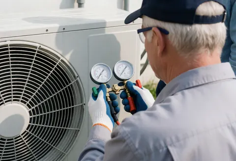 Technician wearing safety gear checks pressure gauges on an outdoor air conditioning unit on a sunny day