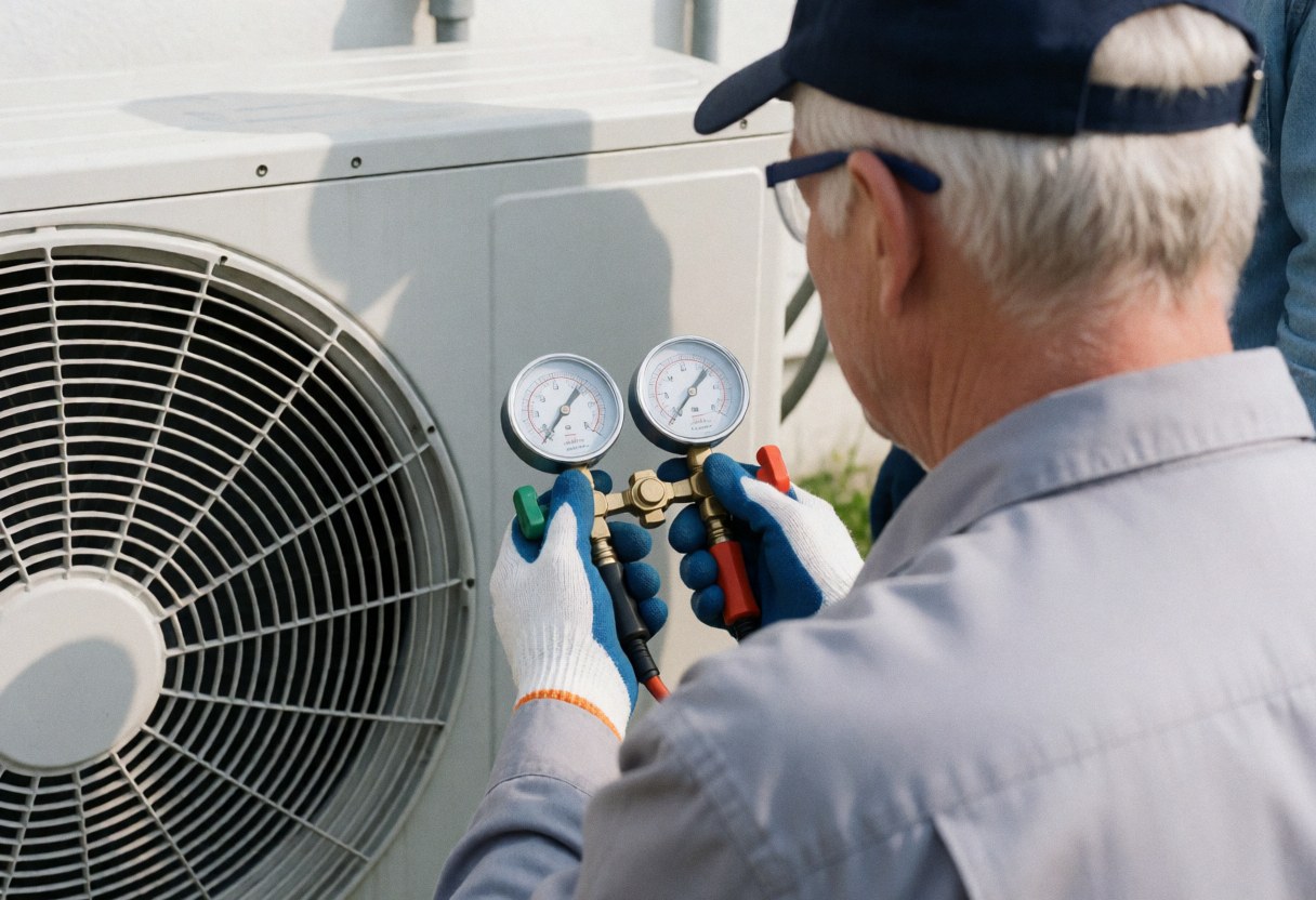 Technician wearing safety gear checks pressure gauges on an outdoor air conditioning unit on a sunny day