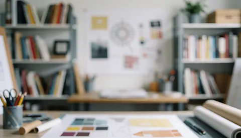 Blurred design studio background featuring books, tools, and color palettes on a desk, ideal for marketing text and graphics
