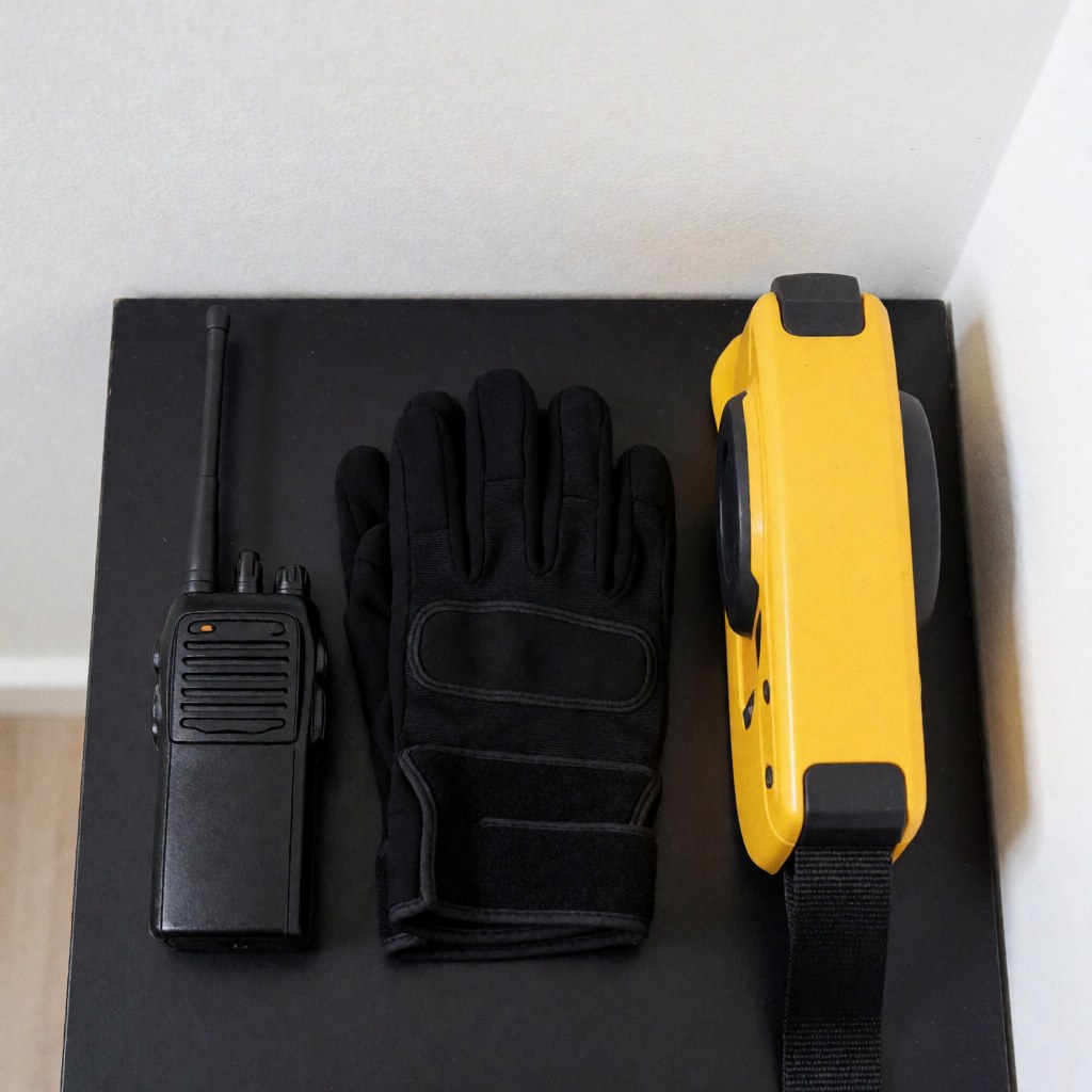 Professional security gear including radio, gloves, and retractable barrier on a dark surface, suitable for security service catalogs