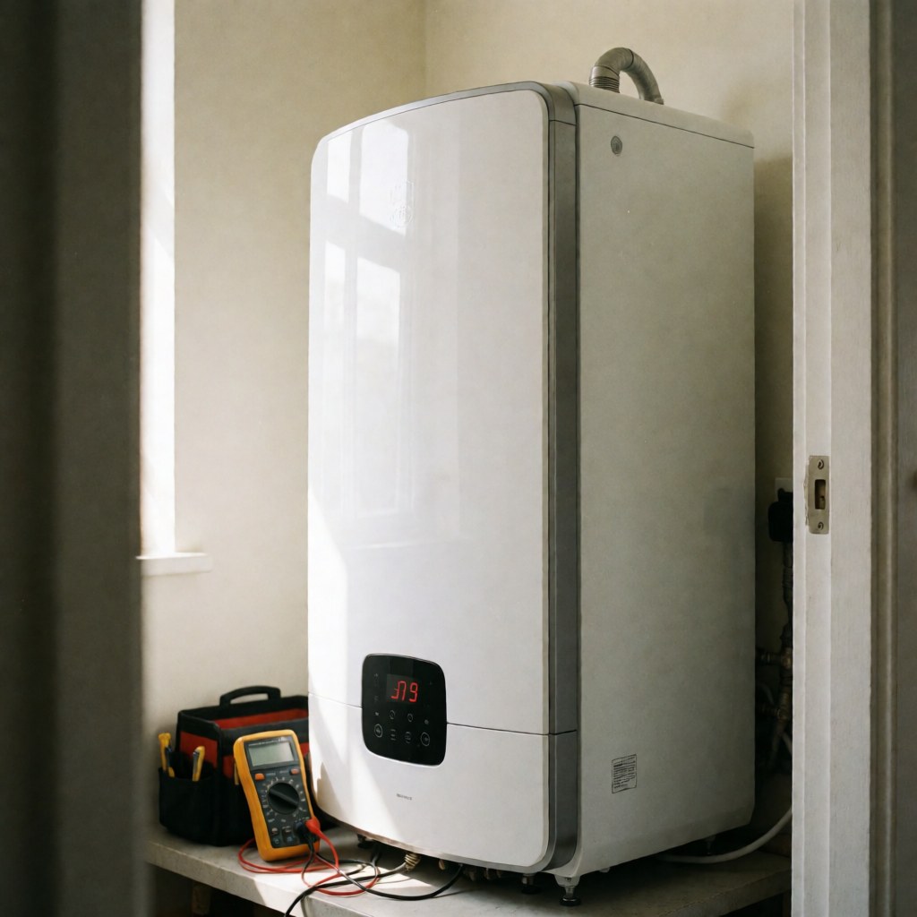 Modern white electric water heater on a prop with a multimeter and tools, natural light, warm walls, no people