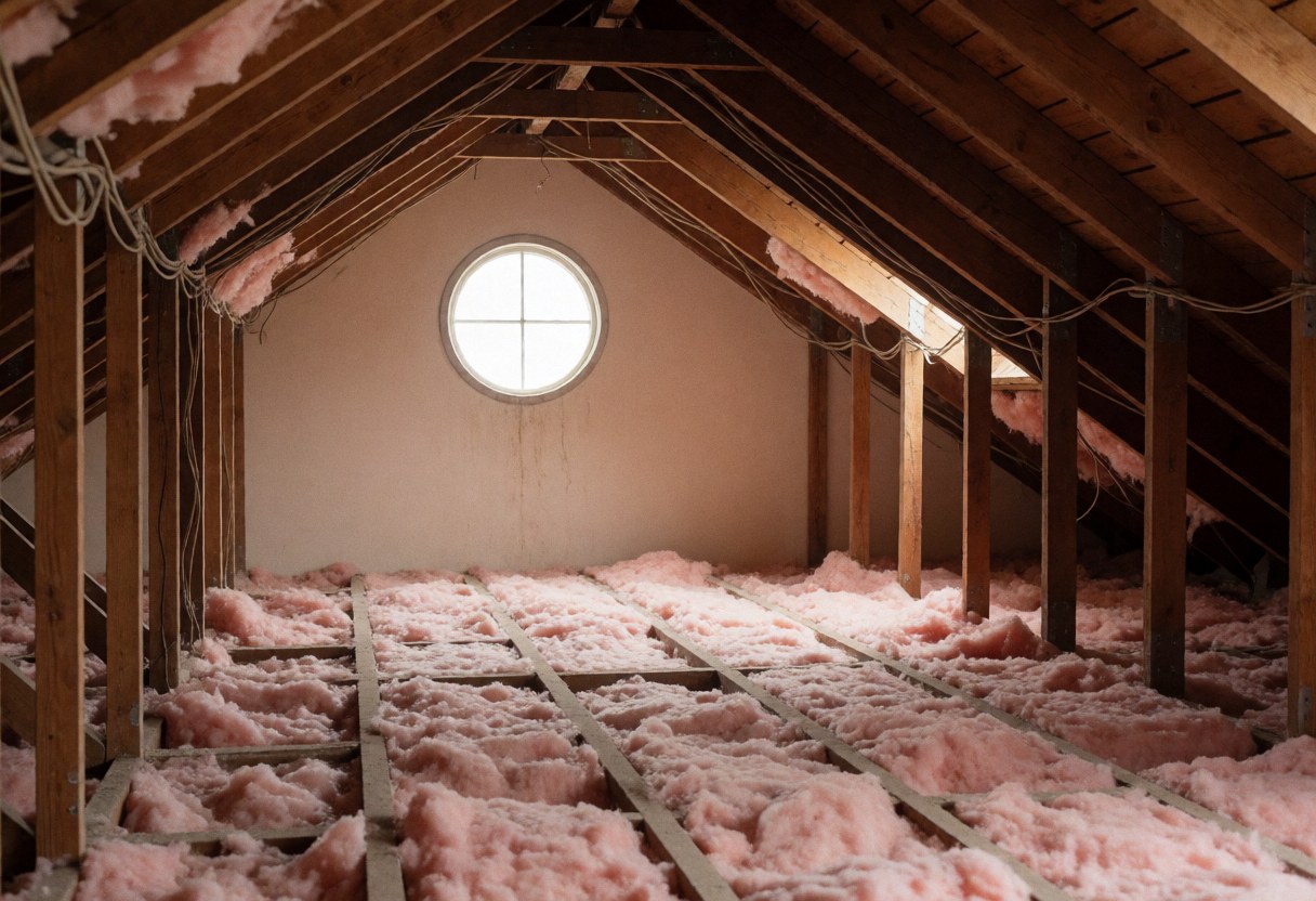 Close-up view of exposed electrical wiring and cables running along wooden beams in a dusty attic with natural light coming through a circular window