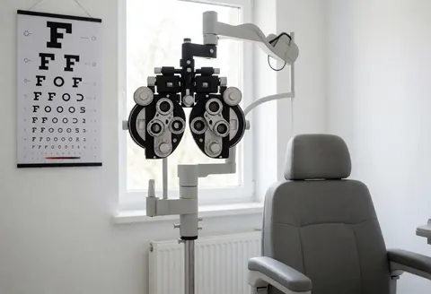 Empty optical exam room featuring a phoropter, eye chart, and patient chair, ideal for an optometry clinic or vision care center.